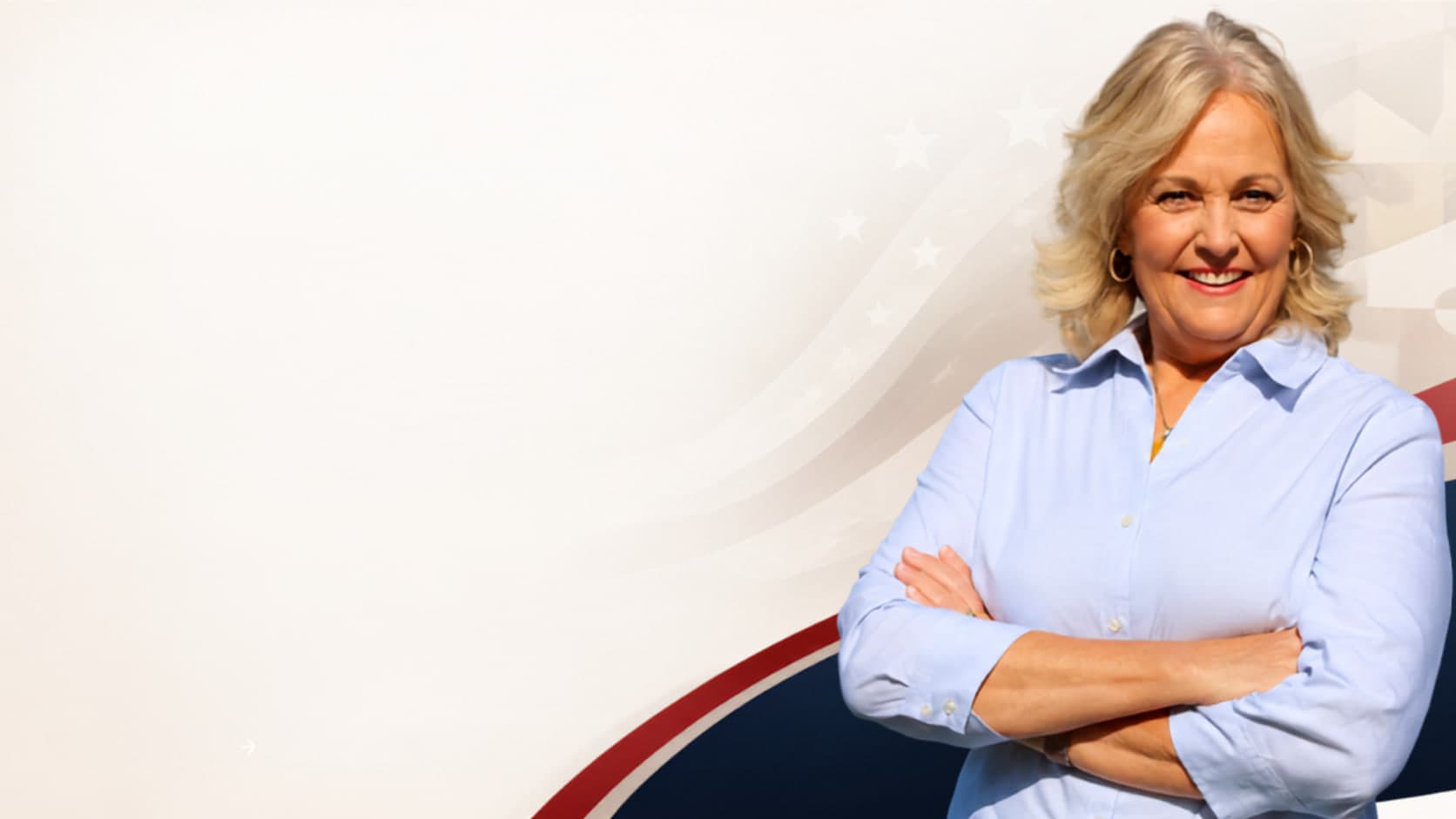 Delegate Kathy Szeliga with her arms crossed, against a Maryland flag and stars-and-stripes backdrop.