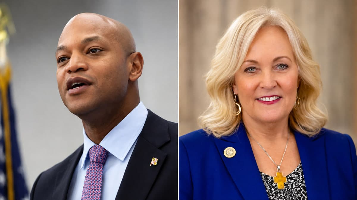Side-by-side portraits of Governor Wes Moore and Delegate Kathy Szeliga.